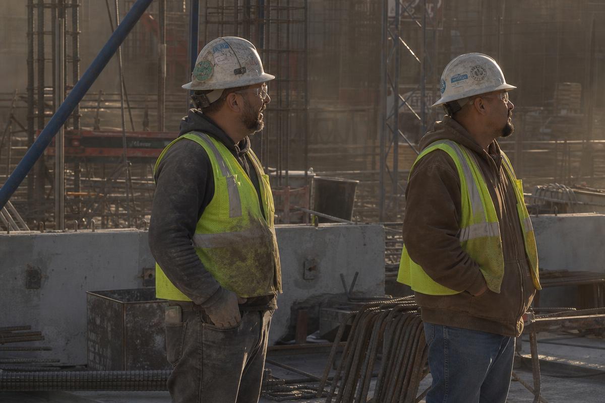 Construction team reviewing plans at an infrastructure job site.
