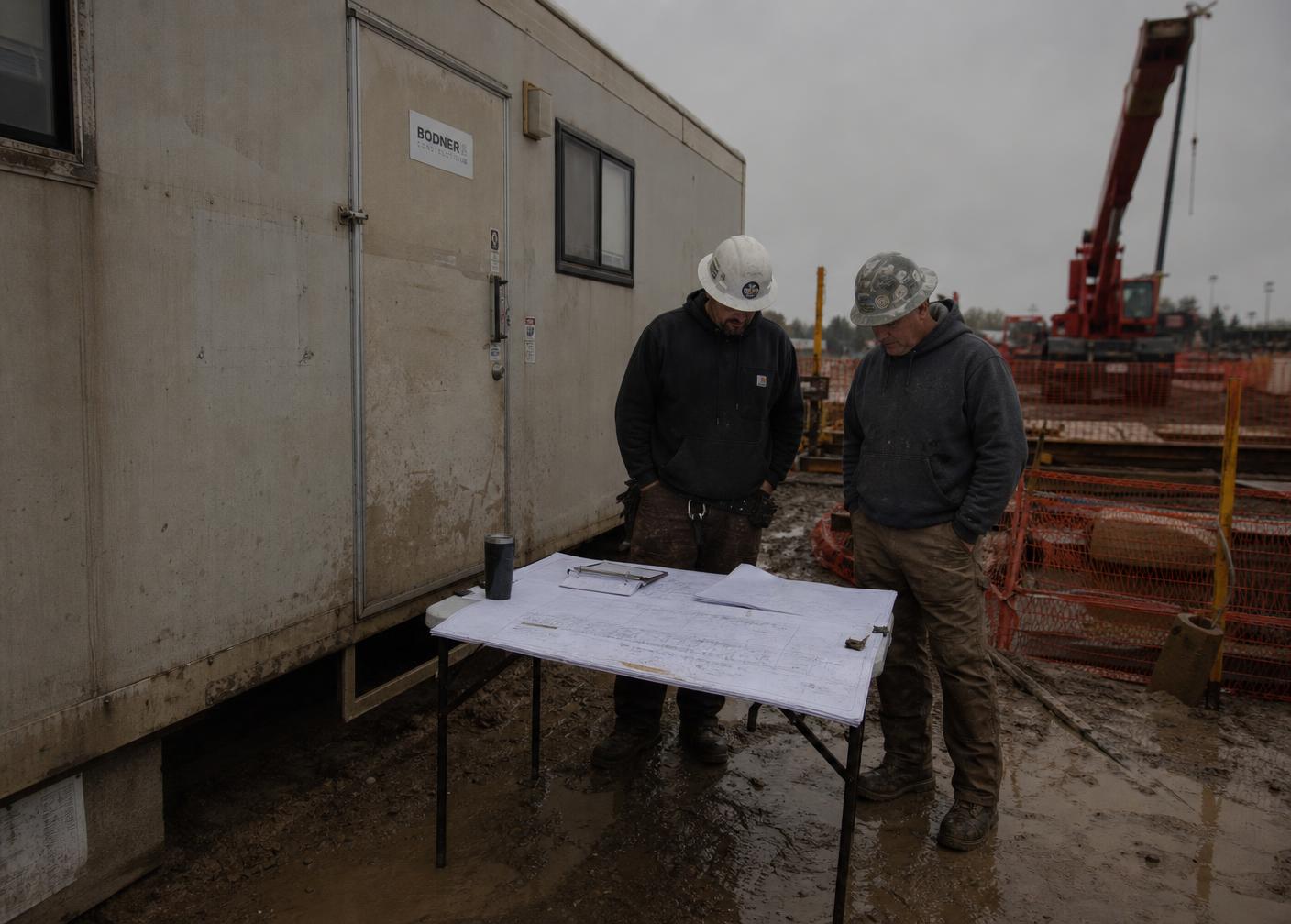 Two construction professionals reviewing project drawings on a jobsite